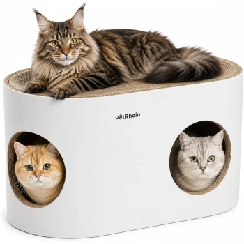 Weißes ovales Katzenhaus/Kratzbett mit einer Oberseite aus Wellpappe, zwei runden seitlichen Eingängen und 'PetRhein'-Logo auf der Vorderseite.