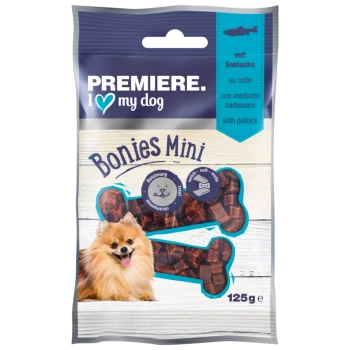Hondensnoepverpakking gelabeld 'Bonies Mini' met 'Premiere. I ❤️ my dog' branding, met een Pomeriaan en pollock-ingrediëntdetails.