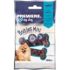 Emballage de friandises pour chiens étiqueté 'Bonies Mini' avec la marque 'Premiere. I ❤️ my dog', mettant en avant un Pomeranian et des détails sur les ingrédients de la morue.