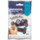 Emballage de friandises pour chiens étiqueté 'Bonies Mini' avec la marque 'Premiere. I ❤️ my dog', mettant en avant un Pomeranian et des détails sur les ingrédients de la morue.