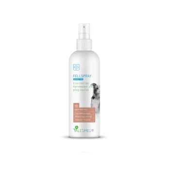 Fellspray Sensitive,2x 100ml Fellspray Sensitive Flasche für Haustiere, mit Text auf Deutsch: "Erleichtert die Kämmmbarkeit und pflegt das Fell," mit einem Hundebild und Valuemed-Logo.