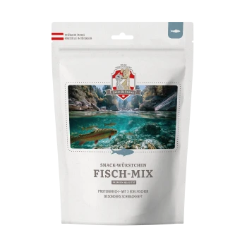 Weiße Tüte Sissi & Franz Fisch-Mix Fischsnack für Haustiere, mit Unterwasserfischen und Waldhintergrund.