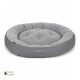 Graues rundes Haustierbett mit gepolstertem Design, gekennzeichnet mit "Doctor Bark," mit einem weichen Stoff und einem "Green Label"-Logo.
