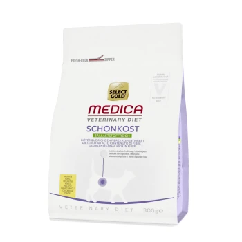 Medica Schonkost ballaststoffreich 300 g Weißer Beutel von Select Gold Medica Veterinary Diet Schonkost, 300g, mit einer Katzensilhouette und Text, der den hohen Ballaststoffgehalt hervorhebt.