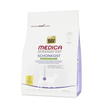 Sac blanc de Select Gold Medica Veterinary Diet Schonkost, 300g, présentant une silhouette de chat et un texte mettant en avant une teneur élevée en fibres.