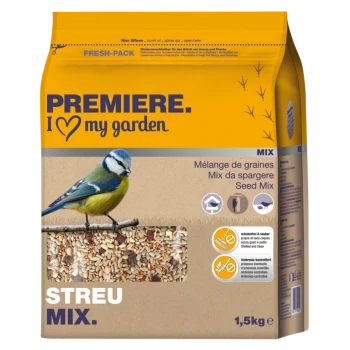 Eine gelbe Tüte Vogelfutter-Mischung mit einem Blauhäher, der auf einem Ast sitzt, mit dem Text "PREMIERE. I ♥ meinen Garten" und "STREU MIX."