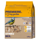 Eine gelbe Tüte Vogelfutter-Mischung mit einem Blauhäher, der auf einem Ast sitzt, mit dem Text "PREMIERE. I ♥ meinen Garten" und "STREU MIX."