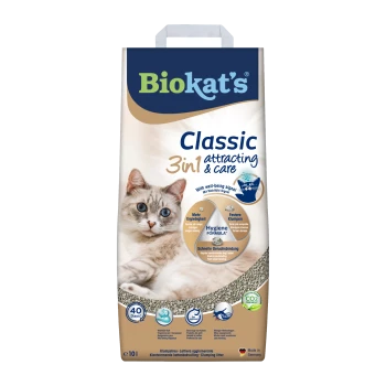 Biokat's Classic 3in1 Katzenstreu-Beutel mit Foto einer blauäugigen Katze, Text 'attracting & care' und 40-Tage-Symbol.