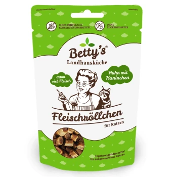 Betty's Landhausküche Katzensnacks 'Fleischröllchen' – Huhn mit Kaninchen, extra viel Fleisch; Sichtfenster zeigt mundgerechte Häppchen.
