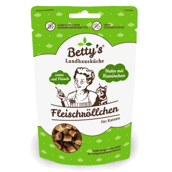 Betty's Landhausküche Katzensnacks 'Fleischröllchen' – Huhn mit Kaninchen, extra viel Fleisch; Sichtfenster zeigt mundgerechte Häppchen.