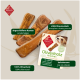 Drei geschliffene Olivenholz-Kauspielzeuge beschriftet mit "Chrono Balance" und einer Karte mit "Olivenholz Knochen" und Vorteilen für die Kaumuskulatur.