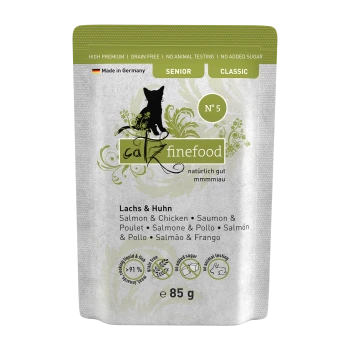 Tüte Catz Finefood, Geschmacksrichtung Lachs & Huhn, 85g, getreidefrei, hochpremium, ohne Zuckerzusatz, hergestellt in Deutschland.