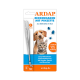 ARDAP Zeckenentferner-Toolkit mit einem Edelstahlhaken und einer Pinzette, mit Bildern eines Hundes und einer Katze sowie Text in deutscher Sprache.
