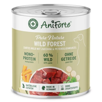 Dosen-Hundefutter mit der Bezeichnung "AniForte PureNutri Wildforest", das eine Zeichnung eines Elches zeigt, mit Text, der angibt, dass es frisches Wild und Gemüse enthält.