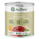 Dosen-Hundefutter mit der Bezeichnung "AniForte PureNutri Wildforest", das eine Zeichnung eines Elches zeigt, mit Text, der angibt, dass es frisches Wild und Gemüse enthält.