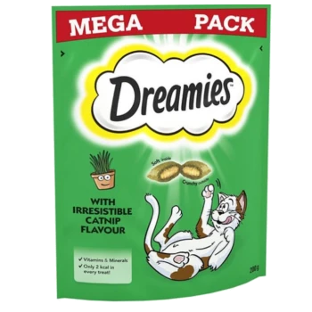Green packaging for Dreamies cat treats, showcasing a playful cat and highlighting "irresistible catnip flavor," vitamins, and 2 kcal.