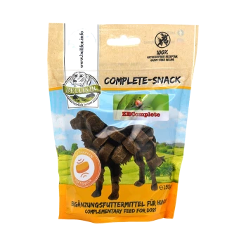 Ein Paket Bellfor Complete Snack für Hunde, mit einer Silhouette eines Hundes und dem Text 'Ergänzungsfutter für Hunde' auf Deutsch.
