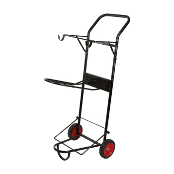 Schwarzer Metall-Haustierbedarfwagen mit roten Rädern, mit einem Griff, einem Haken für Leinen und einer flachen Oberfläche zum Tragen von Gegenständen.