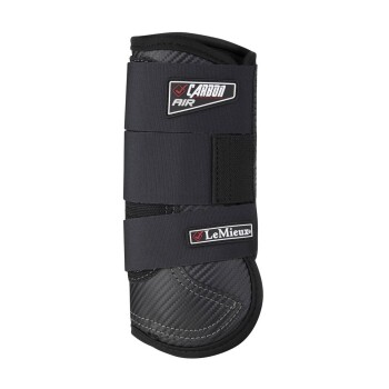 Schwarze Pferdeboot mit den Logos "Carbon Air" und "LeMieux", mit einem eleganten Design und verstellbaren Riemen zur Unterstützung.