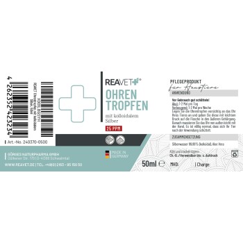 REAVET Ohrentropfen-Etikett „OHREN TROPFEN“, kolloidales Silber 25 ppm, 50 ml, Made in Germany, Barcode und deutscher Text.