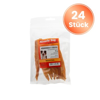 Packung Miracle Dog Snacks Hähnchenbruststreifen, 70 g, mit Hundebild und „24 Stück“-Label.