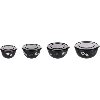 Quatre conteneurs de stockage de nourriture pour animaux noirs de tailles variées, chacun avec un couvercle et décoré de motifs de pattes blanches et de designs d'os.