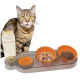 Getigerte Katze mit gelben Augen neben einem dreiteiligen Futterspender mit Wasser, Nass- und Trockenfutter auf weißem Hintergrund.