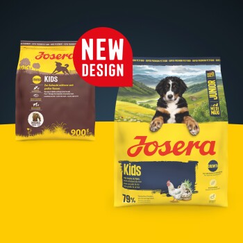 Josera Kids Junior Hundefuttertüten mit Huhn und Reis, mit Welpenbild und Aufkleber „NEUES DESIGN“.