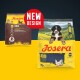 Josera Kids Junior Hundefuttertüten mit Huhn und Reis, mit Welpenbild und Aufkleber „NEUES DESIGN“.