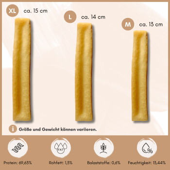 Drei Hundekau-Sticks in den Größen XL (15-18 cm), L (12-16 cm), M (12-14 cm) mit 69,63% Protein, 1,3% Fett, 0,6% Ballaststoffen, 13,44% Feuchtigkeit.