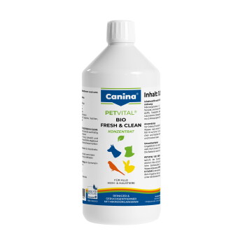 Weiße Flasche mit der Aufschrift „Canina PETVITAL BIO FRESH & CLEAN KONZENTRAT“, Tierreiniger mit bunten Tier-Icons