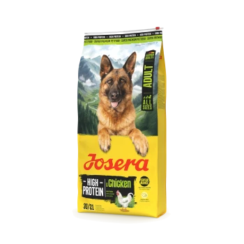 Josera proteinreiches Hundefutter für erwachsene Hunde mit Huhn, deutsche Qualität, geeignet für alle Größen, mit einem Deutschen Schäferhund auf der Verpackung.