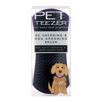 Black de-shedding and dog grooming brush in packaging, labeled "PET TEEZER" with a cartoon golden retriever illustration.