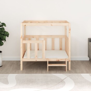 Holz-Haustierbett mit einer kleinen Treppe, mit einer weichen Matratze, platziert neben einer Topfpflanze in einem modernen Wohnraum.