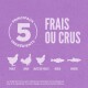 Fond violet avec le texte "5 PRINCIPAUX INGREDIENTS" et "FRAIS OU CRUS", présentant des illustrations de poulet, dinde, abats, merlu et hareng.