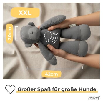 XXL graues Plüsch-Hundespielzeug, 42 cm mal 20 cm, von Händen gehalten, mit Sound-Symbol und Text "Großer Spaß für große Hunde".