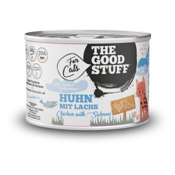 Dose 'THE GOOD STUFF' Katzenfutter mit der Aufschrift 'For Cats', 'HUHN MIT LACHS' (Chicken with Salmon) und orangefarbener Katzenillustration