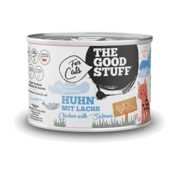 Dose 'THE GOOD STUFF' Katzenfutter mit der Aufschrift 'For Cats', 'HUHN MIT LACHS' (Chicken with Salmon) und orangefarbener Katzenillustration
