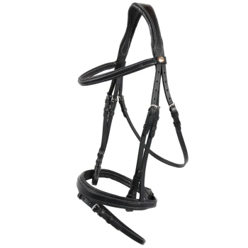 Schwarzes Leder-Haustiergeschirr mit weißen Nähten, mit verstellbaren Riemen und Metallverschlüssen, vor einem weißen Hintergrund präsentiert.