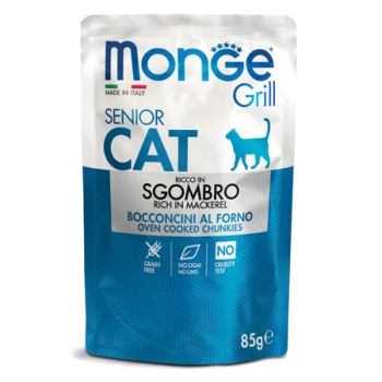 Beutel mit Monge Grill Senior Katzenfutter, reich an Makrele, mit im Ofen gegarten Stücken, 85 g, getreidefrei, ohne GVO, tierversuchsfrei.