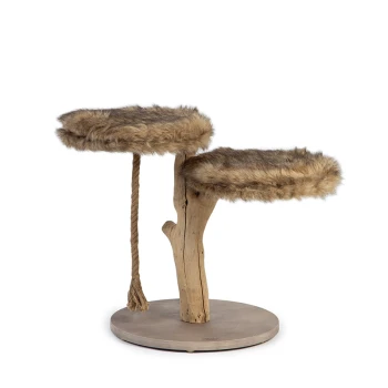DBL Kratzbaum Aviva Holz Katzenspielbaum mit zwei plüschigen, mit Fell bedeckten Plattformen und einem natürlichen Holzsockel, mit einem Sisal-Seil zum Kratzen.