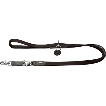 Braune Leder-Hundeleine mit gepolstertem Griff, silbernem Drehverschluss und O-Ring; kleiner runder Anhänger mit geprägter Hundesilhouette.