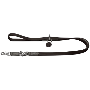 Braune Leder-Hundeleine mit gepolstertem Griff, silbernem Drehverschluss und O-Ring; kleiner runder Anhänger mit geprägter Hundesilhouette.