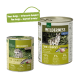Zwei Dosen Tiernahrung: "Real Nature Wilderness Adult" und "Wilderness True Country" mit Wolf-Bild, beide 95% Fleisch, 0% Getreide, neues Design.