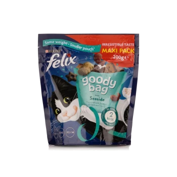 Felix Goody Bag Seaside cat treats, 200g, with a playful black and white cat and "2 kcal per treat" text on the front.