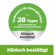 Grünes Abzeichen mit deutschem Text: „Verbessert die Beweglichkeit in nur 28 Tagen“; große Zahl „28“ und „Klinisch bestätigt“