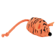 Jouet pour chat en peluche en forme de souris rayée orange et noire avec queue tressée et oreilles en tissu, sans texte visible.
