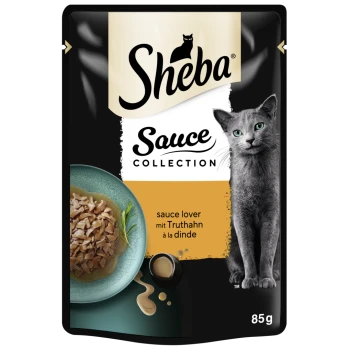 Sheba Sauce Collection Katzenfutterbeutel mit einer grauen Katze, einer Schüssel mit gewürfeltem Truthahn in Sauce und dem Text "Sauce Lover mit Truthahn à la dinde."