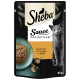 Pochette de nourriture pour chat Sheba Sauce Collection présentant un chat gris, un bol de dinde en dés dans une sauce, et le texte "sauce lover mit Truthahn à la dinde."
