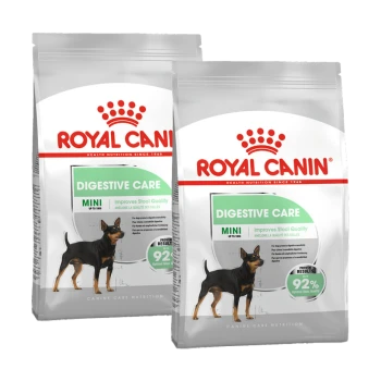 Deux sacs de Royal Canin Digestive Care pour mini races, présentant un chien noir et feu et des affirmations sur la qualité des selles.